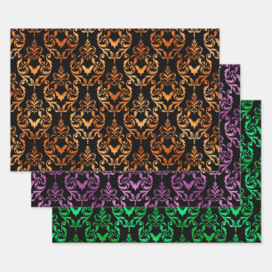 Feuille De Papier Cadeau Orange, Violet et Vert Chauve-souris Halloween Dam