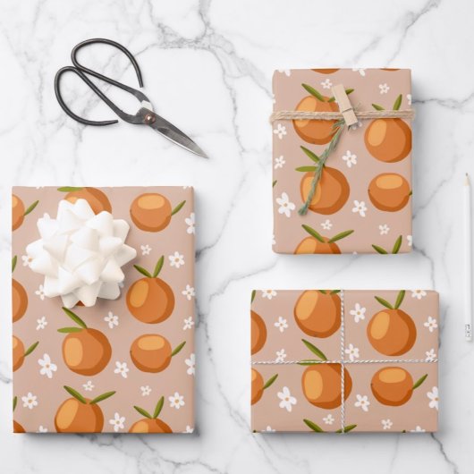 Feuille De Papier Cadeau Oranges d'été Fruit petites fleurs blanches Motif