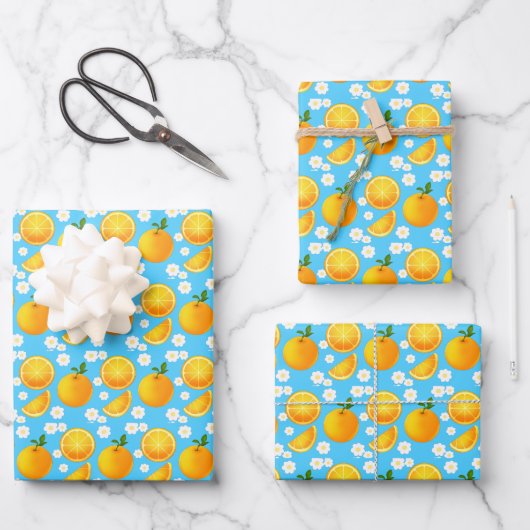 Feuille De Papier Cadeau Oranges mignonnes et fleurs blanches (Recto)