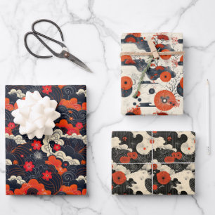 Feuille De Papier Cadeau Oriental japonais rouge et noir