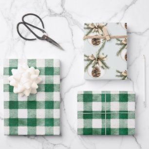 Feuille De Papier Cadeau Ornement de Noël Cône de Pin à Rayures Carreaux Ve