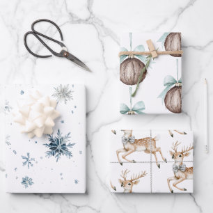 Feuille De Papier Cadeau Ornements de coco de cerf à flocons de neige blanc