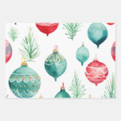 Feuille De Papier Cadeau Ornements De Noël Et Bougies Bleu Vert Et Rouge (Devant 3)