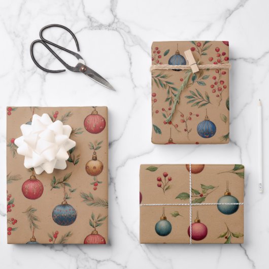 Feuille De Papier Cadeau Ornements de Noël Marron (Recto)
