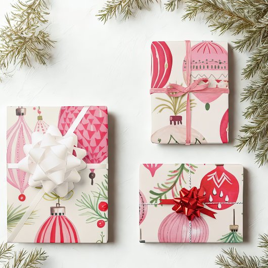 Feuille De Papier Cadeau Ornements de Noël rose rouge rétro