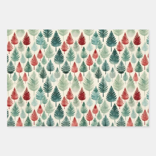 Feuille De Papier Cadeau Ornements, pins Noël motif aquarelle (Devant 2)