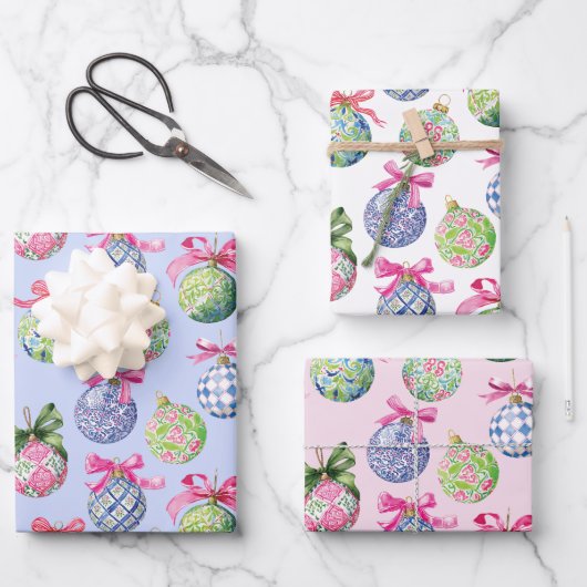 Feuille De Papier Cadeau Ornements Préppy Christmas Baubles (Recto)