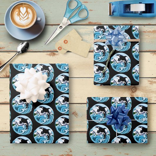 Feuille De Papier Cadeau Orque Majestueux Baleine Tueuse Vagues Bleues Océa