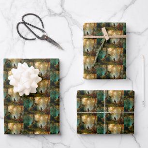 Feuille De Papier Cadeau Ours avec des oursons dans une forêt de pins Ivan 
