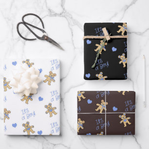 Feuille De Papier Cadeau Ours en peluche mignonne aux Coeurs Bleus