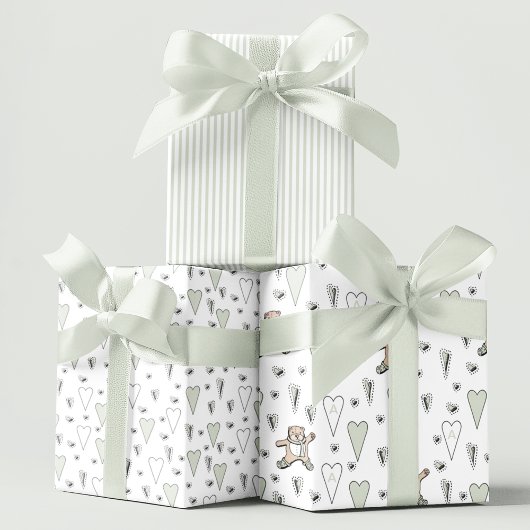 Feuille De Papier Cadeau Ours en peluche vert mignon et coeur neutre