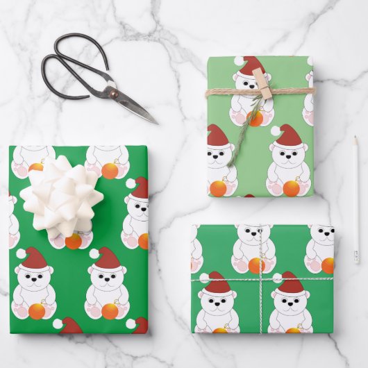 Feuille De Papier Cadeau Ours polaire Noël chapeau de Noël mignon motif ver (Recto)