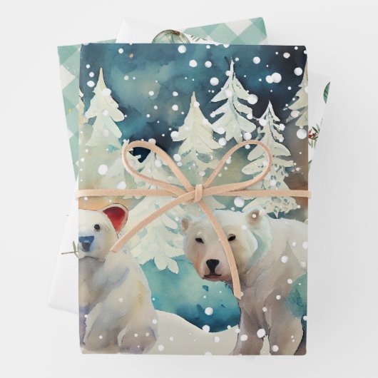Feuille De Papier Cadeau Ours polaires, Ornements, En vichy Vérifier Noël (En situation)