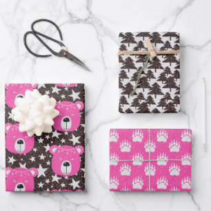 Feuille De Papier Cadeau Ours rose, pattes d'ours et arbres Forêt forestièr