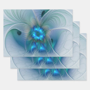 Feuille De Papier Cadeau Ovations debout, fractale abstraite bleu turquoise