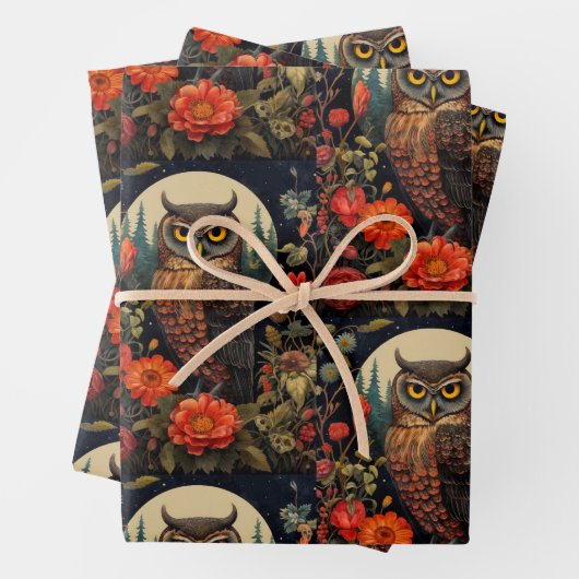 Feuille De Papier Cadeau Owl at Night with a Full Moon Pattern (En situation)