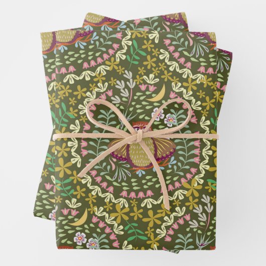 Feuille De Papier Cadeau Owl Folk Green (En situation)