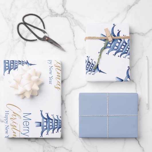 Feuille De Papier Cadeau Pagode bleue poussiéreuse (Recto)