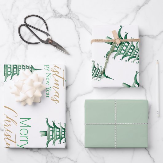 Feuille De Papier Cadeau Pagode verte Sage (Recto)