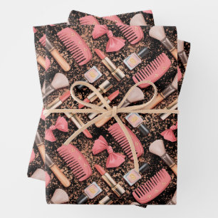 Feuille De Papier Cadeau Pailleté motif cosmétiques rose