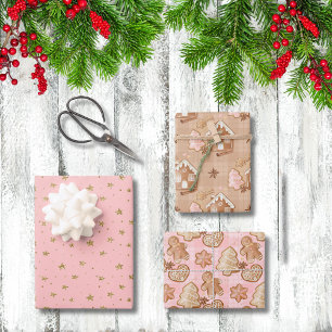 Feuille De Papier Cadeau Pain d'épices de Noël Hommes Maison Arbres Étoiles