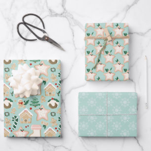 Feuille De Papier Cadeau Pain d'épices et flocons de neige Enveloppement ca