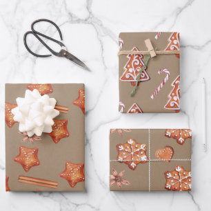 Feuille De Papier Cadeau Pain d'épices rustique Kraft Stars Snowflakes Arbr