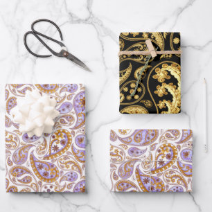 Feuille De Papier Cadeau Paisley classique mixte noir, or et violet 
