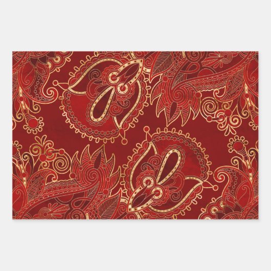 Feuille De Papier Cadeau Paisley Floral Ornement Ruby rouge et or (Devant)