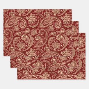 Feuille De Papier Cadeau Paisson Rouge Crimson Et Beige Vintage