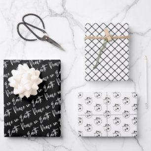 Feuille De Papier Cadeau Paix sur Terre Hiver Motif noir