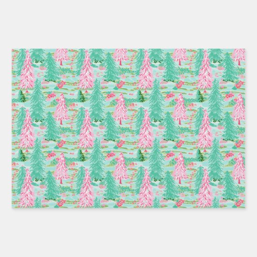Feuille De Papier Cadeau Palm Beach Aquarelle de Noël rose et vert (Devant 2)