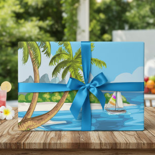 Feuille De Papier Cadeau Palm Tree Sail Boat Sandy Beach Wrapper Paper