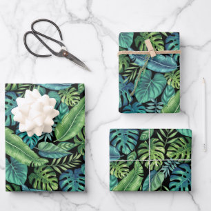 Feuille De Papier Cadeau Palm vert et Turquoise Tropical Banana Monstera Fe