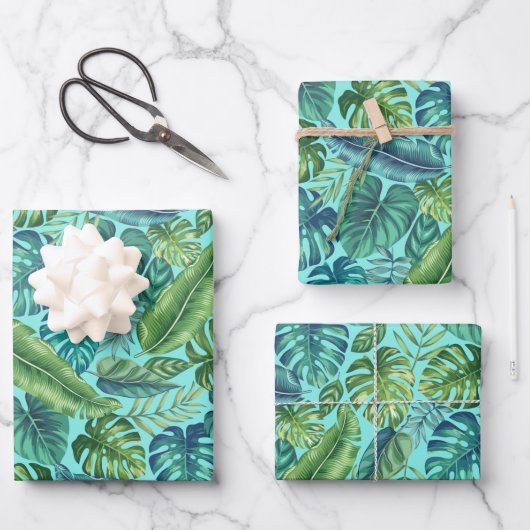 Feuille De Papier Cadeau Palm vert et Turquoise Tropical Banana Monstera Fe (Recto)