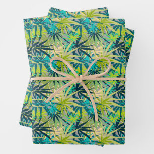 Feuille De Papier Cadeau Palmiers bleus verts tropicaux