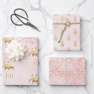Feuille De Papier Cadeau Palmiers d'or Parties scintillant Ombre rose