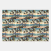 Feuille De Papier Cadeau Palmiers sur une plage d'île surplombant la mer (Devant 2)