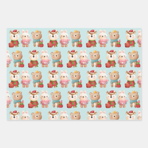 Feuille De Papier Cadeau Pals de Noël - Ours de rennes et Motif lapin