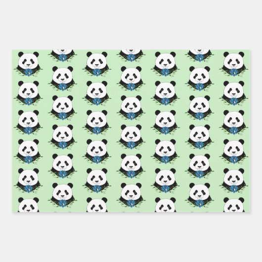 Feuille De Papier Cadeau Panda Bear Lotus Fleurs Bleu (Devant 3)