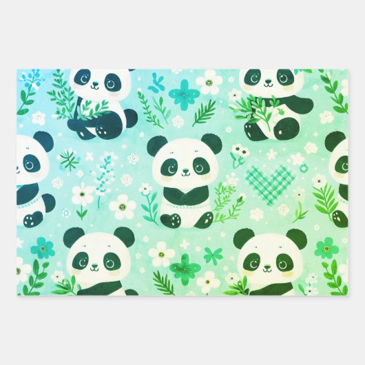 Feuille De Papier Cadeau Panda Bear Motif Vert Imprimer (Devant 2)