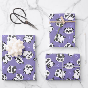 Feuille De Papier Cadeau Panda mignon patte fond bleu