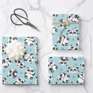 Feuille De Papier Cadeau Panda mignon patte fond cyan