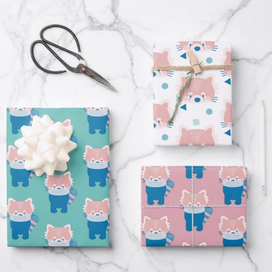 Feuille De Papier Cadeau Panda rouge avec Motif Masque (Recto)