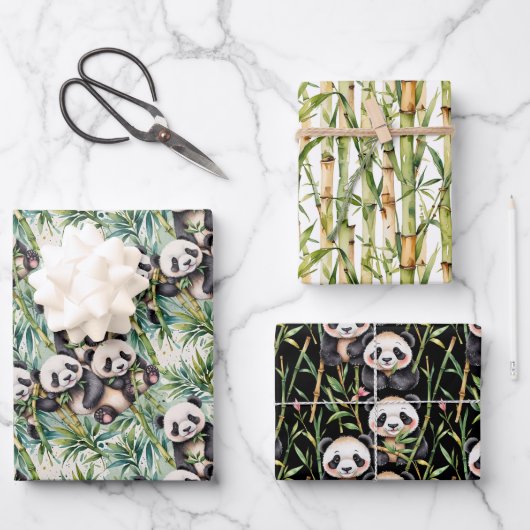 Feuille De Papier Cadeau Pandas mignons et bambou (Recto)