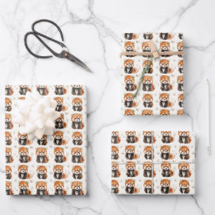 Feuille De Papier Cadeau Pandas rouges aquarelle blanc cassé