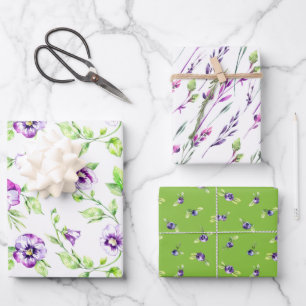 Feuille De Papier Cadeau Pansies, bleuets et tiges de jardin Assortis