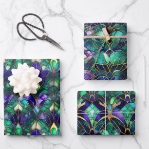 Feuille De Papier Cadeau Paon en Verre Cathédrale Bleu-vert, Violet et Or