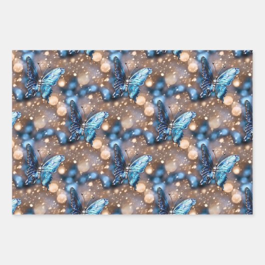 Feuille De Papier Cadeau Papillon brillant rose bleu parties scintillant or (Devant 2)