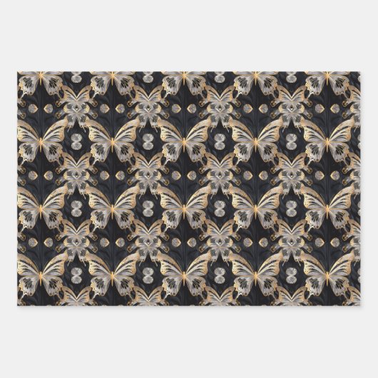 Feuille De Papier Cadeau Papillon en or sur arrière - plan noir (Devant 3)